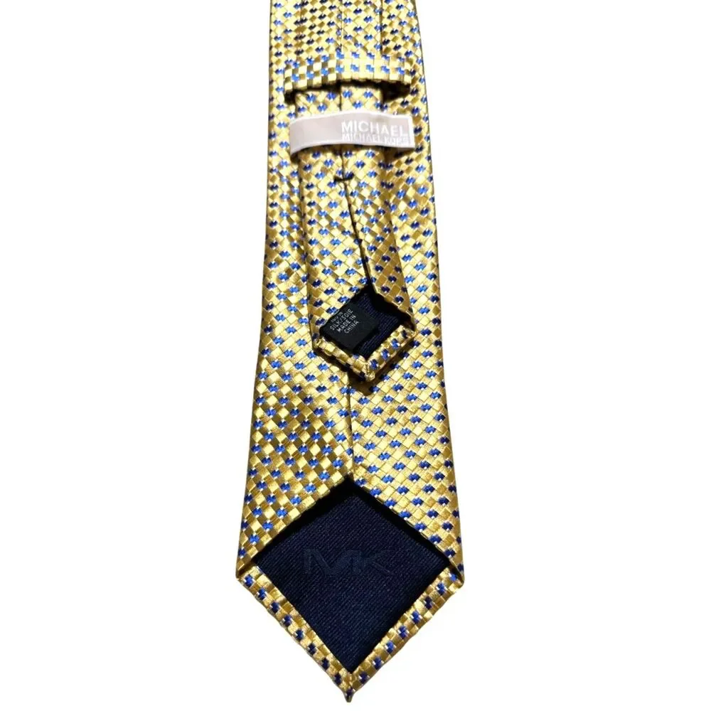 Michael Michael Kors 100% Silk Tie Gold Blue Geometric Diamond Pattern